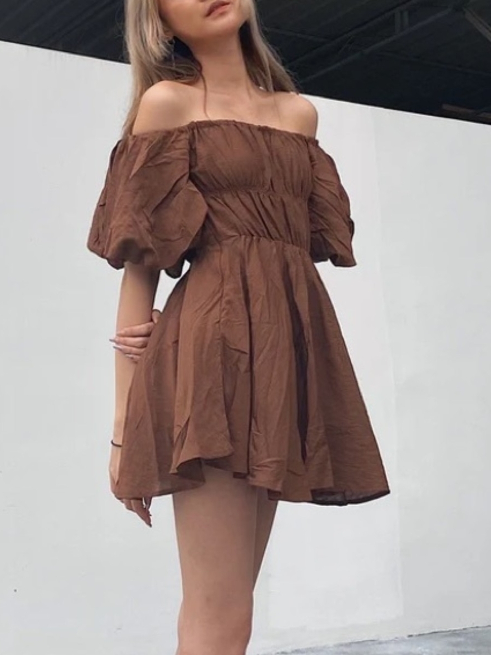 Princess Polly Brown Off-Shoulder Puff-Sleeve Mini Dress